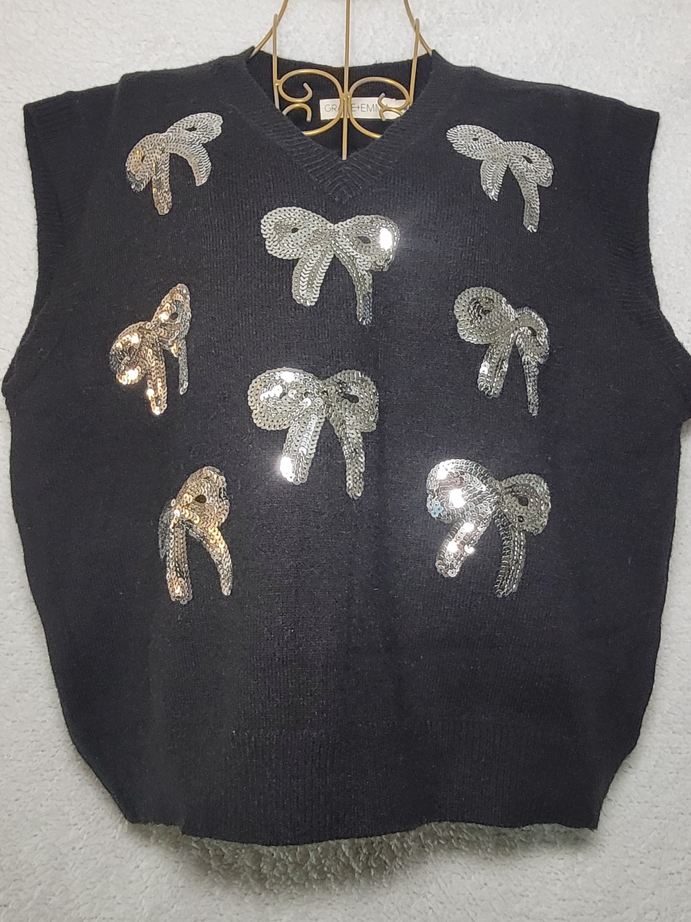 GRACE+EMMA Silver Bow Sequin Black Sweater Vest XL EUC Worn Once